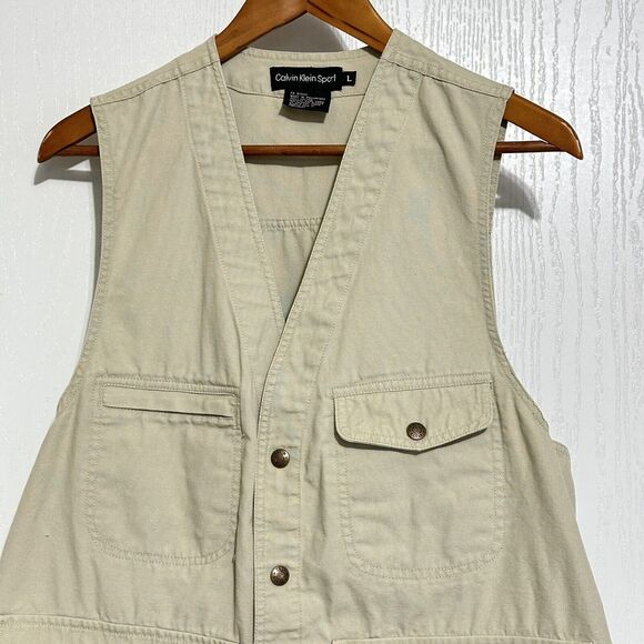 Calvin Klein Men Beige Denim Utility Tactical Vest Fishing Safari Size Large - Picture 2 of 12